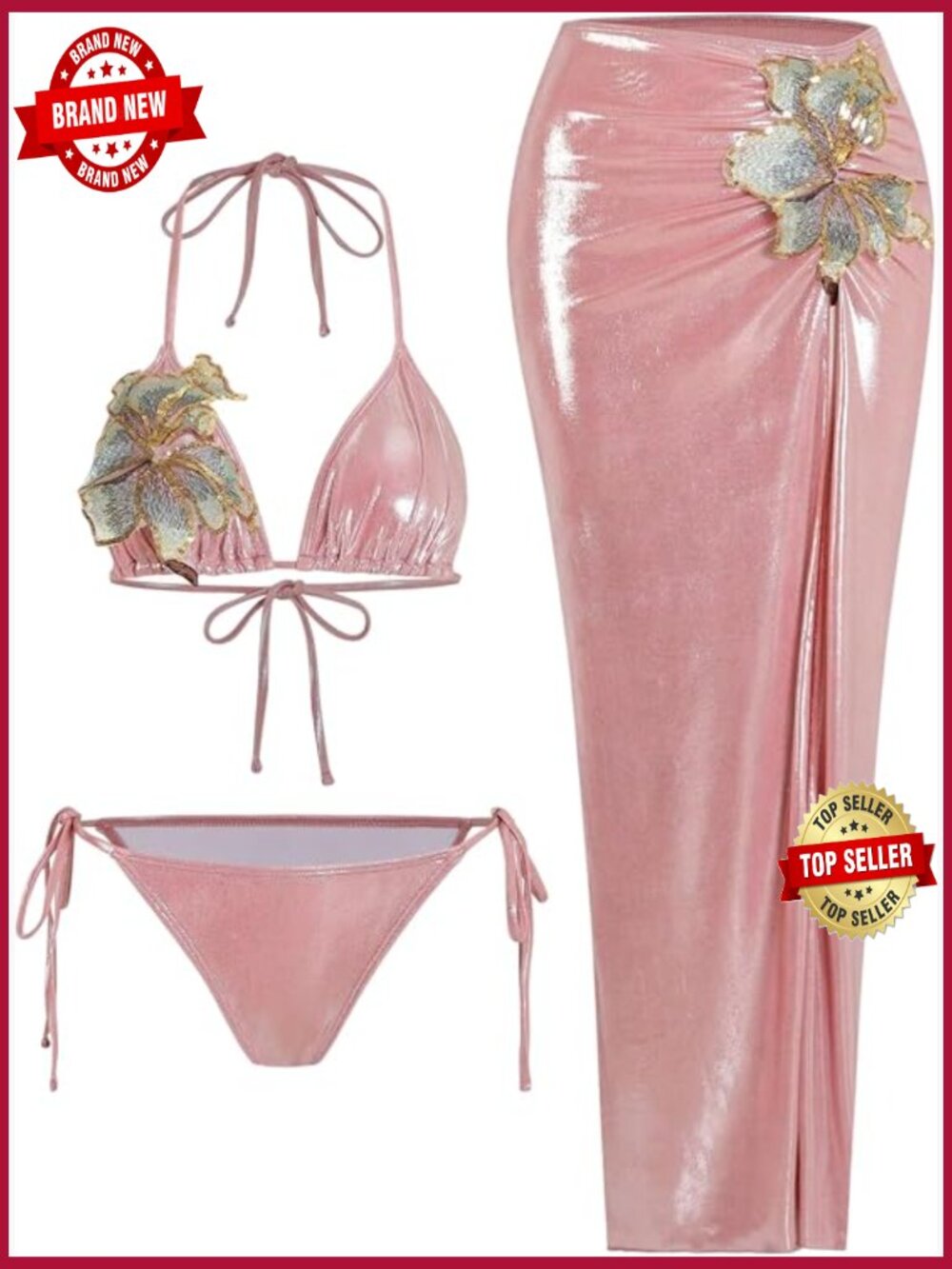 3-Piece Floral Bikini Set with Sheer Cover-Up Skirt